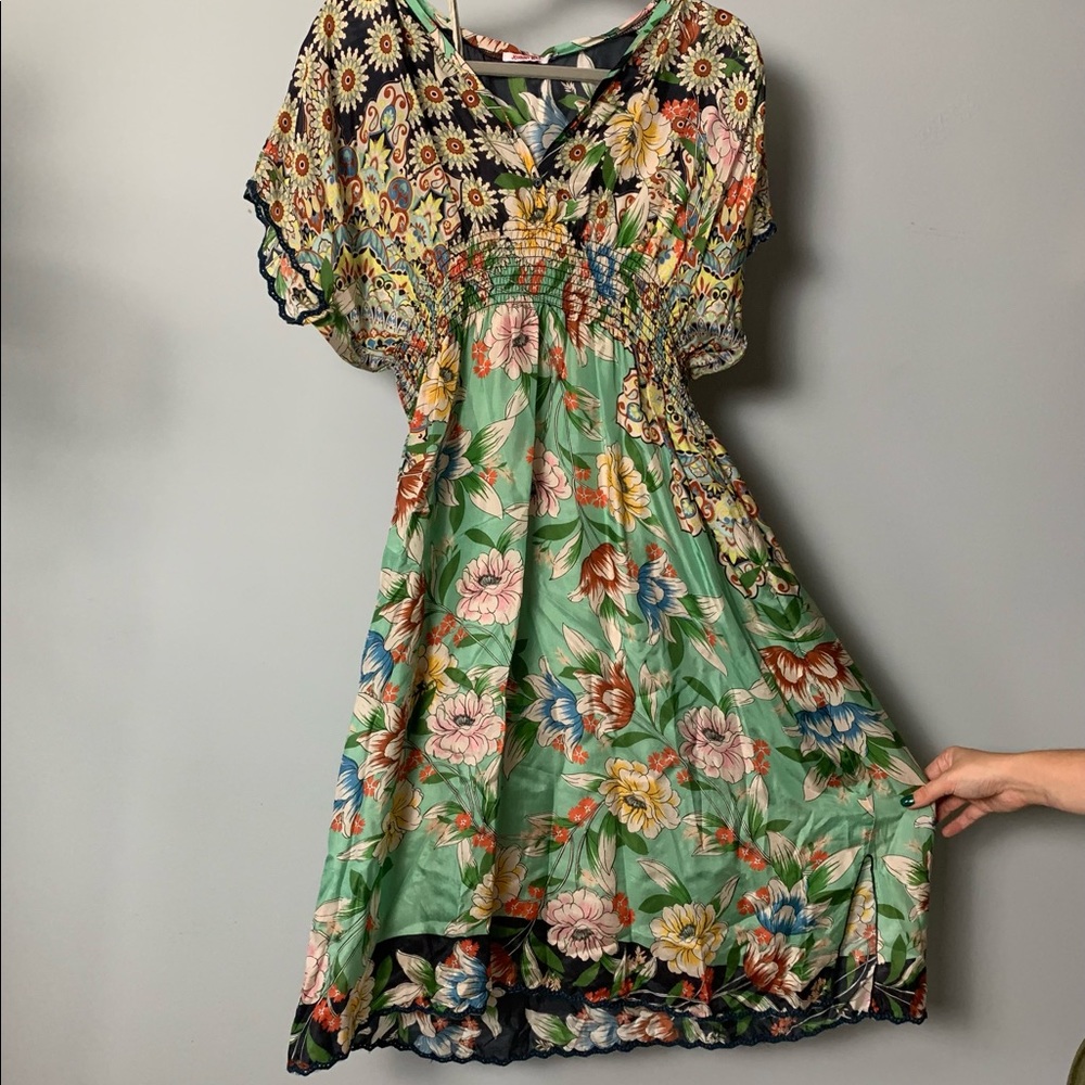 JOHNNY WAS PRINTED SILK MIDI DRESS